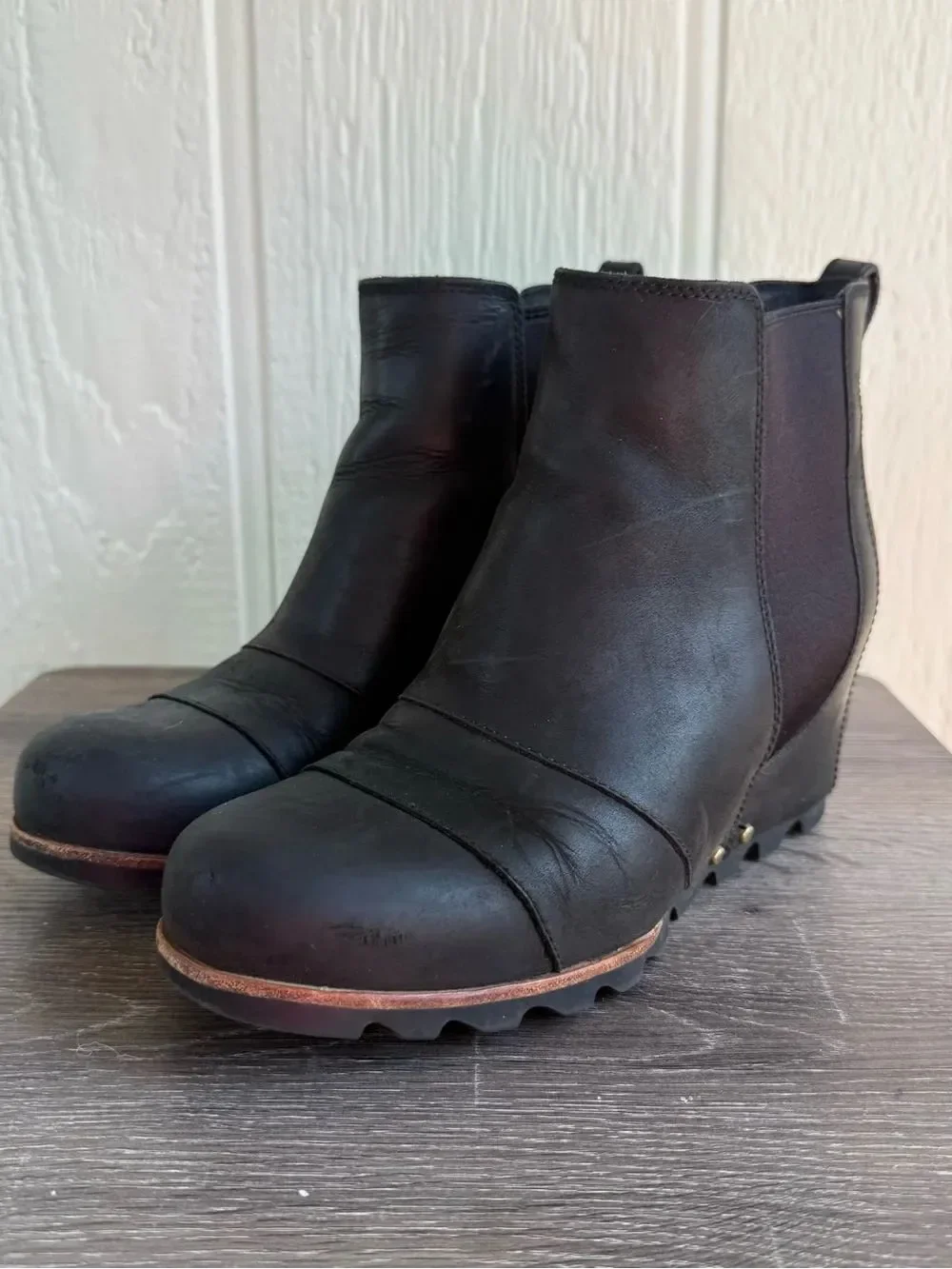 Sorel Black Leather Lea Wedge Ankle Booties
